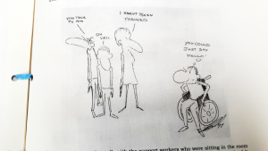 Funny cartoon satirising the way people mystify communicating with people with disabilities.