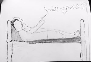 a man lying in bed with the word 'waiting' written above him while he points at it.