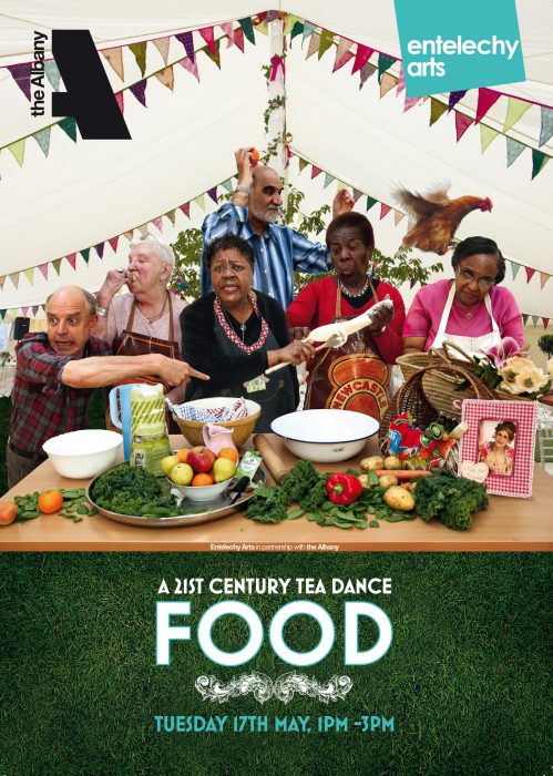 5 people around a table of food with bunting