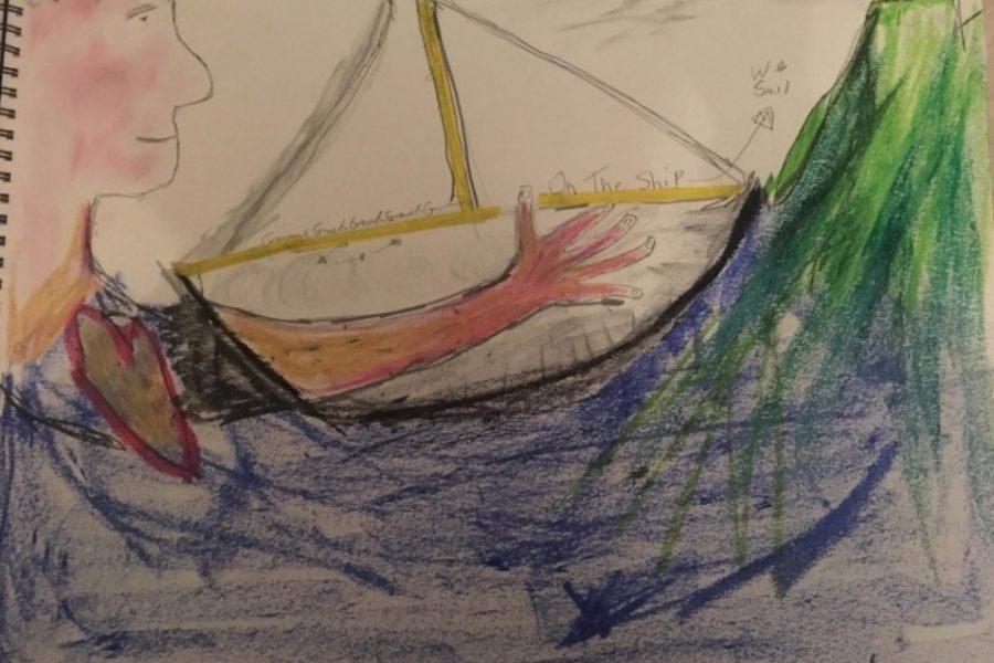 drawing of a boat on water in colour pencil