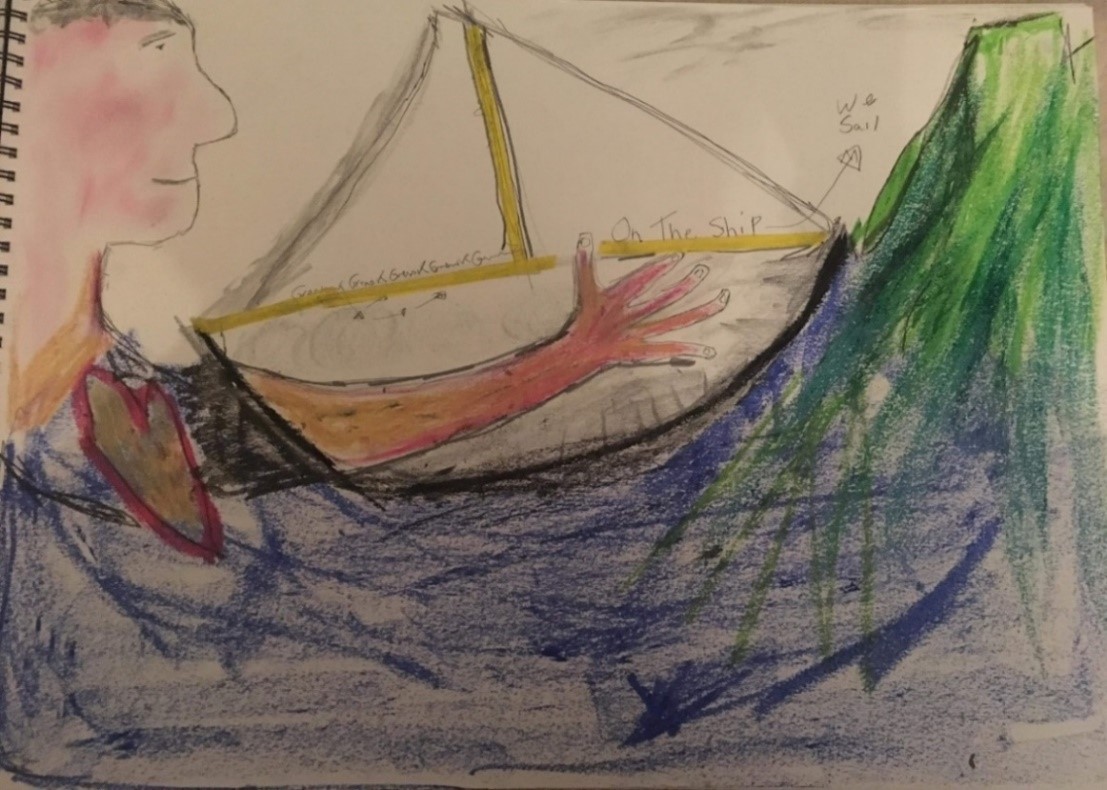 drawing of a boat on water in colour pencil