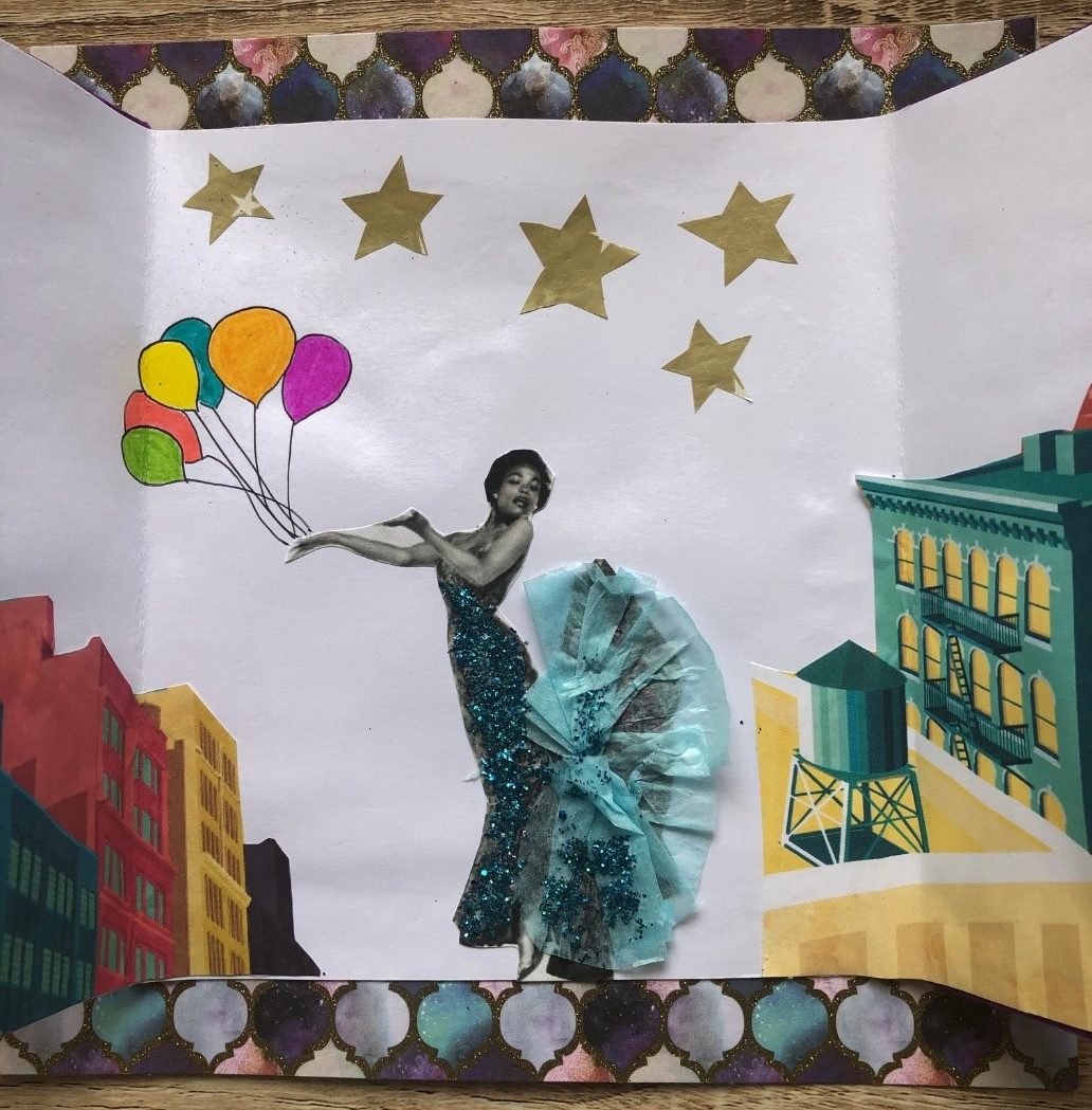 handmade card showing woman with a bunch of balloons