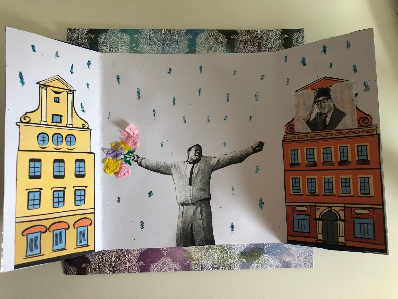 handmade card showing man with two buildings