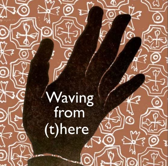 Image of a hand on a patterned background with text waving from there