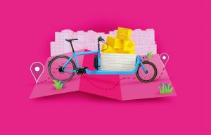 bright pink graphic image of a blue bike with yellow packages balanced on the front cargo platform. 