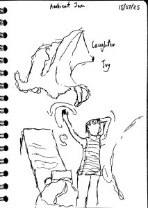 A line drawing of a person waving a piece of fabric