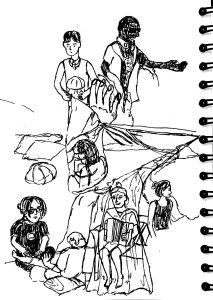 A drawing of a group of people, some are sitting, some standing, some dancing