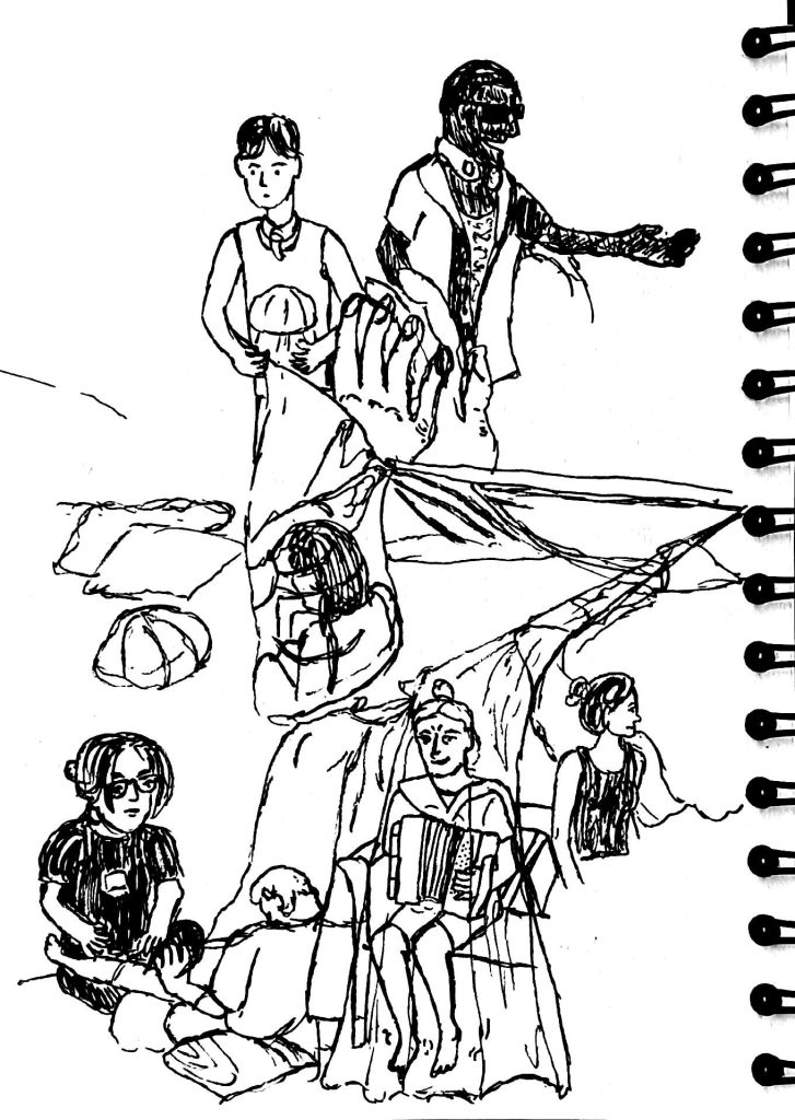 A drawing of a group of people, some are sitting, some standing, some dancing
