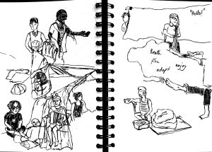 A double-page drawing of people dancing, sitting, holding a sheet of fabric