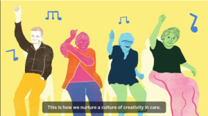 An animation of four people sitting in a row, dancing with their arms in the air. There are musical notes above them.