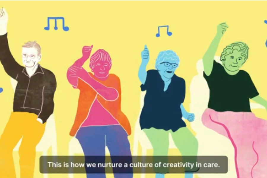An animation of four people sitting in a row, dancing with their arms in the air. There are musical notes above them.
